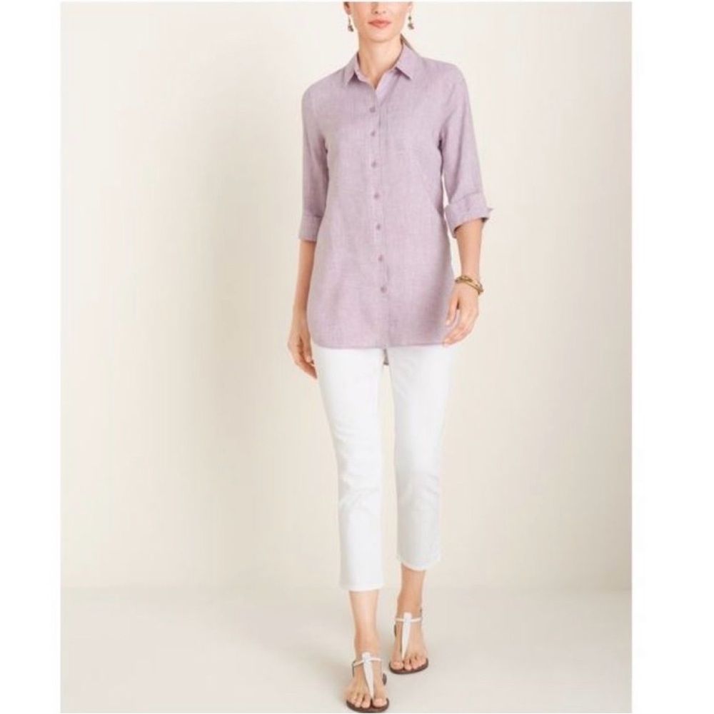 CHICO’S 1 US 8/10 No Iron Linen Button Up Lavender Tunic Length Shirt Mature
